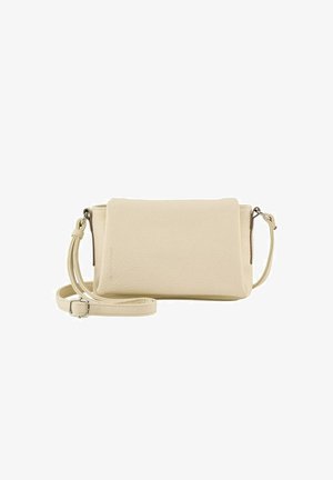 Krém színű bőrcrossbody táska texturált felszínnel, téglalap alakú, hajtogatott fedéllel és állítható pánttal.