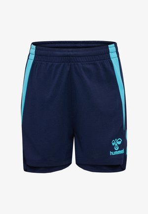 Marineblå atletikshorts med lyseblå stripes i siden og Hummel-logo på det nederste venstre ben, elastisk linning og åndbart stof.