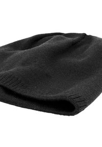 Black knitted beanie hat with a soft texture, featuring a rolled cuff and a seamless, slouchy design.