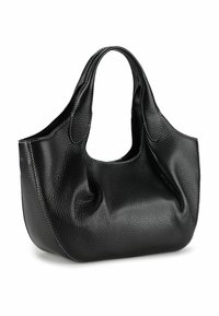 Borsa nera in pelle con finitura testurizzata, struttura morbida e doppi manici. Presenta cuciture bianche lungo le cuciture.