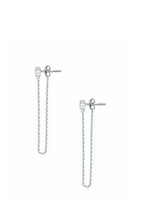 Silberne Kettenohrringe mit einem zylindrischen Stecker und zwei hängenden Gliedern. Sie weisen ein schlankes Design und eine polierte Oberfläche auf, die die Textur der Kette betont.