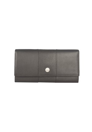 Schwarze Lederbrieftasche mit texturiertem Panel, metallischem Druckverschluss und glatter Oberfläche. Verfügt über mehrere Fächer für Karten und Bargeld.
