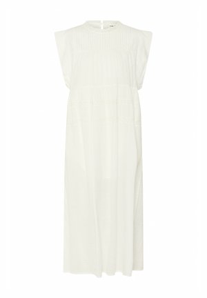 Valge, põlvepikkune kleit ümmarguse kaelusega, lühikeste varrukatega ja pitsdetailidega. Valmistatud kergest kangast pehme tekstuuriga.