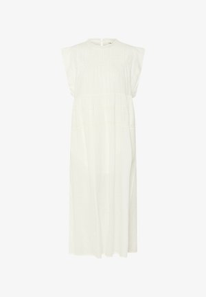 Valge, põlvepikkune kleit ümmarguse kaelusega, lühikeste varrukatega ja pitsdetailidega. Valmistatud kergest kangast pehme tekstuuriga.