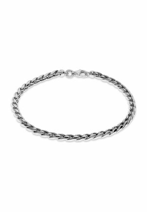 Silberfarbenes Kettenarmband mit ineinandergreifenden Gliedern und Karabinerverschluss auf weißem Hintergrund.