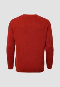 Maglione rosso lavorato a maglia con un motivo testurizzato, scollo rotondo e maniche lunghe. Presenta polsini e orlo a coste per un ulteriore dettaglio.