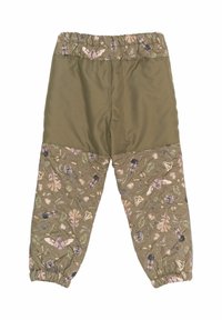 Rohelised aktiivsed püksid elastse vöökohaga; ülemine osa sile, alumisel osal on lilleline metsapilt; kätiste peal kogutud servad.