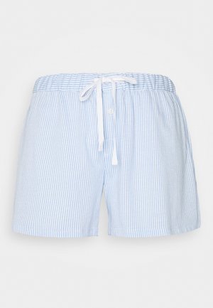 Svetlo modré a biele pruhované pyžamové šortky z bavlny s elastickým pásom, šnúrkou na sťahovanie a jedným gombíkom vpredu.