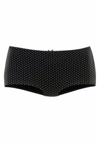 Čierne boxerky s malým bielym kvetinovým vzorom, so plochým pásom a stredovou mašľou na prednej strane. Hladká textúra látky.