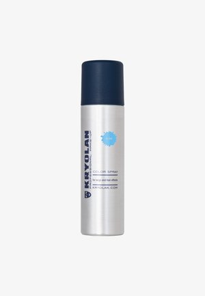Silberspraydose mit dunkelblauem Deckel, beschriftet mit Kryolan Professional Make-Up Color Spray für Perücken und Haar-Effekte, Farbton D32.
