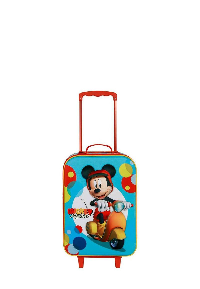 Hartschalenkoffer mit blauer Oberfläche, die Micky Maus zeigt, die auf einem Roller fährt. Roter Griff und Räder, bunte Punkte und gelbe Akzente.