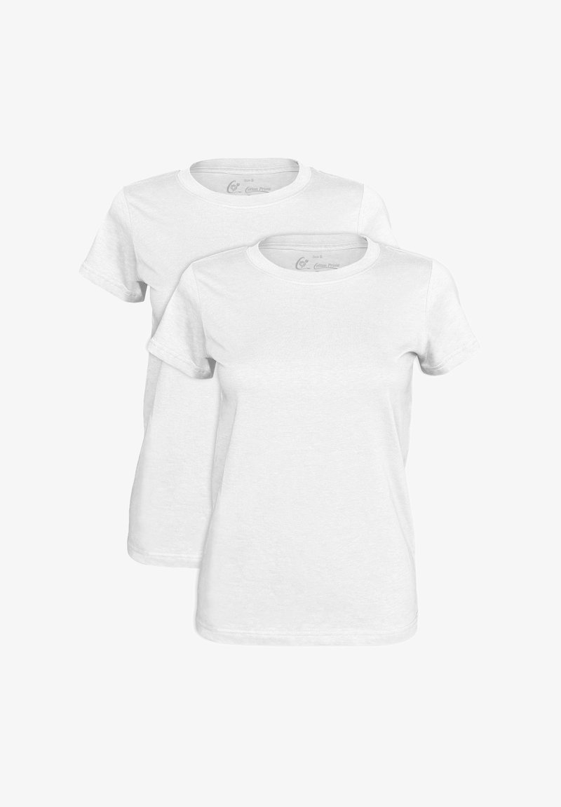 Two white cotton t-shirts with short sleeves and a crew neck. Simple design, soft texture, no patterns or accents.