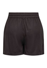 Czarne spodenki z elastycznym pasem, o luźnym kroju i jednolitym wzorze, pokazane od tyłu na białym tle.