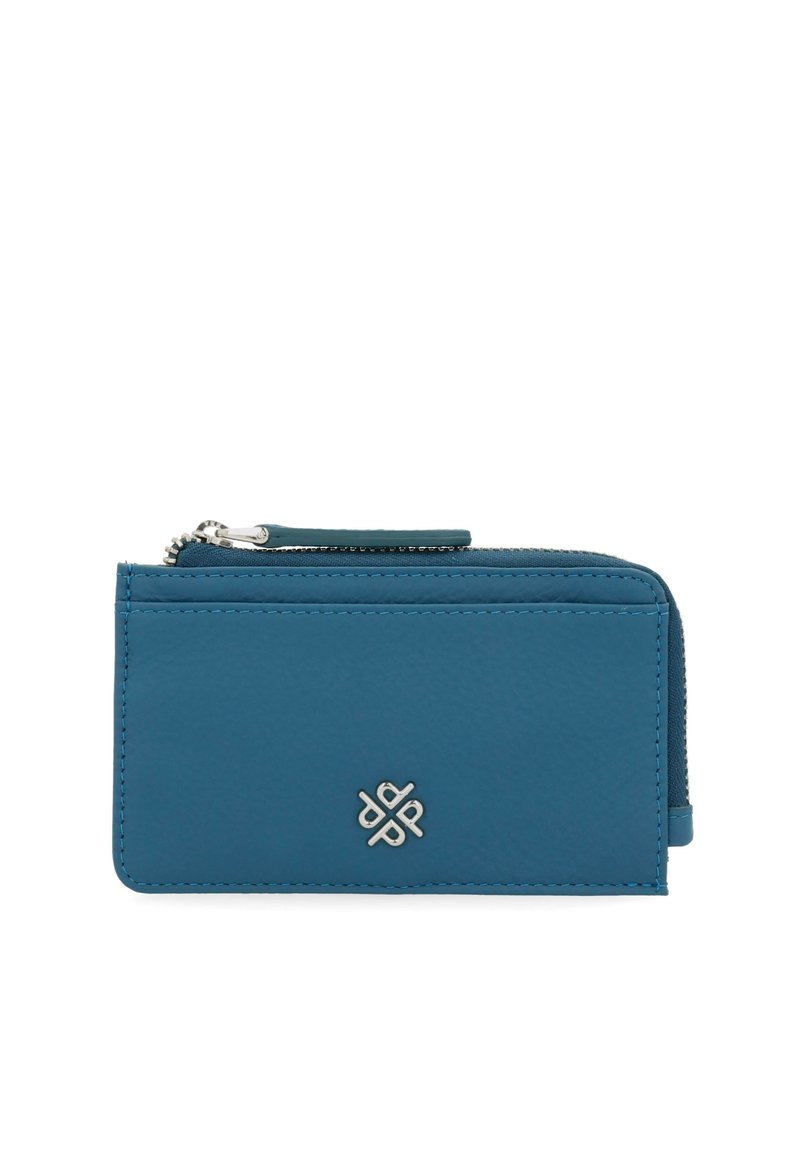 Teal leather wallet with a zip closure, featuring stitched edges and a silver logo accent on the front. Compact design with a smooth texture.
