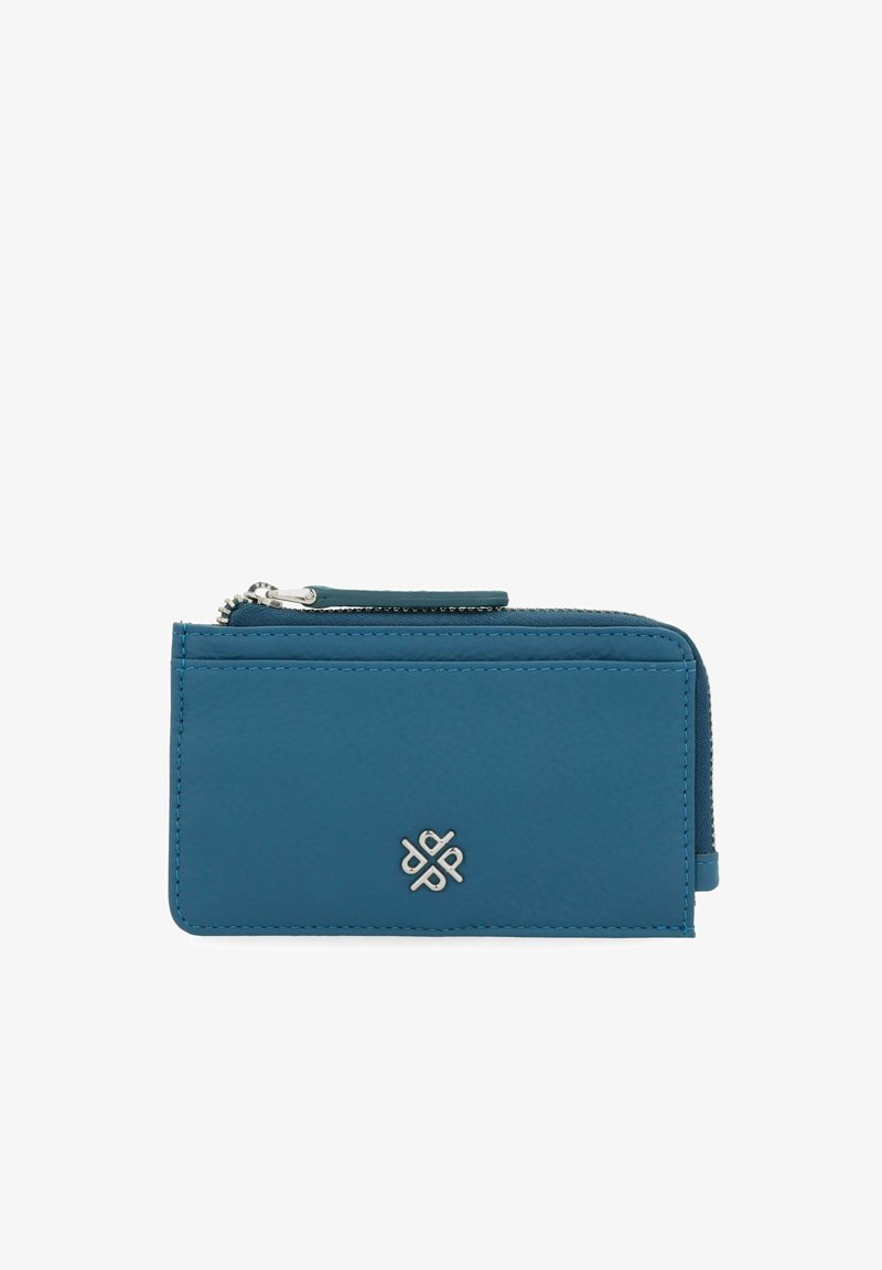 Teal leather wallet with a zip closure, featuring stitched edges and a silver logo accent on the front. Compact design with a smooth texture.