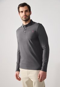 Camisa polo de manga larga gris con cuello, que presenta un bolsillo en el pecho, tapeta con 3 botones y un pequeño detalle en rojo, blanco y azul.
