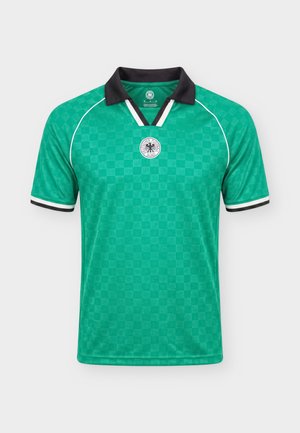 Grün kariertes kurzärmeliges Fußballtrikot mit schwarzem Kragen, weißen und schwarzen Ärmelabschlüssen und Deutschem Fußball-Bund-Emblem auf der Brust.