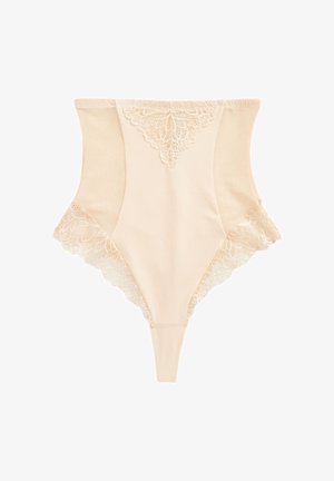 Magas derekú bézs tanga csipkés szegéllyel a felső középen és a lábnyílásoknál, sima és rugalmas anyagból készült.