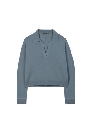 Hellblaues, cropped Sweatshirt mit V-Ausschnitt und Kragen. Hergestellt aus weichem Material mit gerippten Bündchen und Saum. Einfaches Design, ohne Muster oder Verzierungen.
