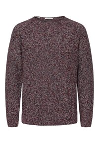 Pletený svetr v bordó a šedém melírovaném vzoru, kulatý výstřih, dlouhé rukávy a žebrované manžety. Měkká textura s ležérním designem.