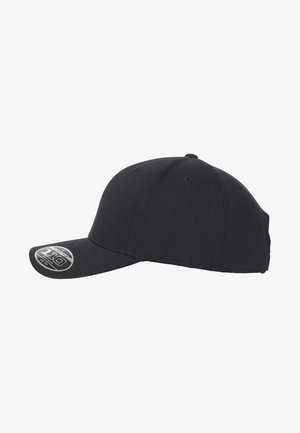 Black baseball cap made of cotton blend fabric, featuring a curved brim and ventilation holes on the crown for breathability.
