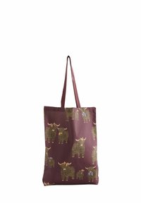Maroons tote bag featuring repeated illustrations of Highland cows adorned with colorful bows. The material is smooth with sturdy handles.