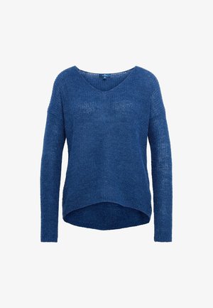Pull tricoté bleu à manches longues avec col en V et ourlet arrière légèrement plus long, présenté sur fond blanc.