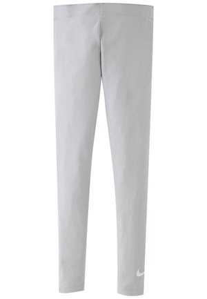 Leggings de color gris claro, fabricados con un material suave y elástico, que cuentan con una textura lisa y un pequeño logo blanco de Nike en la parte inferior izquierda.