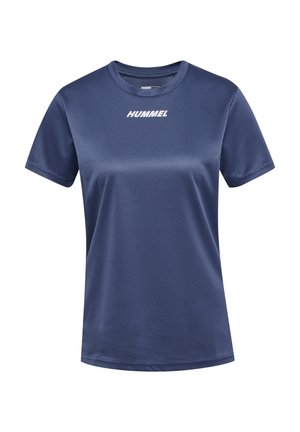 Granatowy sportowy t-shirt z krótkim rękawem, okrągłym dekoltem i białym logo "Hummel" umieszczonym na środku pod kołnierzem.