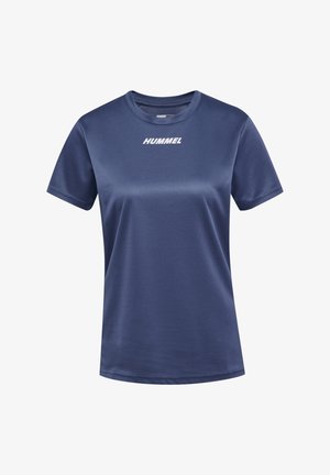 Granatowy sportowy t-shirt z krótkim rękawem, okrągłym dekoltem i białym logo "Hummel" umieszczonym na środku pod kołnierzem.