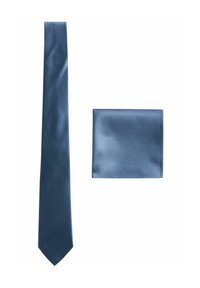 Marineblaue Seidenkrawatte mit glatter Textur, kombiniert mit einem passenden Einstecktuch. Beide Artikel haben eine einheitliche Farbe und scharfe Kanten.