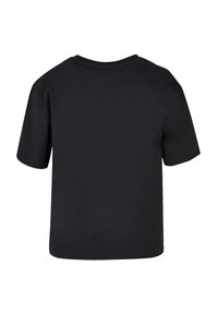 Black short-sleeve T-shirt made of cotton, featuring a classic crew neckline and a loose fit. The back is plain with no embellishments.