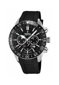 Montre en céramique noire avec un bracelet en caoutchouc. Comprend un cadran noir, des accents argentés, un affichage de la date et trois sous-cadrans. Étanche jusqu'à 10 bars.
