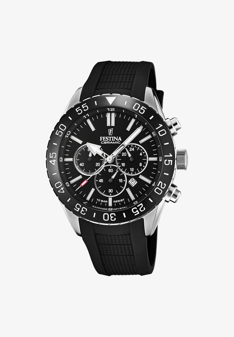 Melna keramikas pulksteņi ar gumijas siksniņu. Iekļauj melnu ciparnīcu, sudraba akcentus, datuma displeju un trīs apakšciparnīcas. Ūdensizturīgs līdz 10 bāriem.