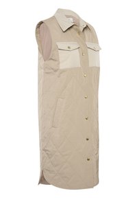 Beige ärmellose gesteppteste Weste mit zwei Vordertaschen und goldenen Knöpfen, mit einem Kragen und kontrastierenden hellbeigen Paneelen.