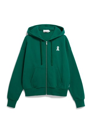 Green zip-up hoodie with a front pocket, drawstring hood, and a white ribbon logo on the left chest. Made of soft, textured fabric.