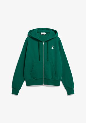 Grüne Zip-Hoodie mit einer Vorderentasche, Kapuze mit Kordelzug und einem weißen Bänder-Logo auf der linken Brust. Hergestellt aus weichem, strukturiertem Stoff.