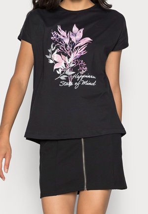 Black t-shirt with short sleeves and a curved hem, featuring a floral graphic in pink and white with the text "Happiness State of Mind."