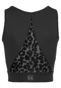 Black sports bra with a mesh leopard print panel at the back, featuring a sleeveless design and a scoop neckline. Open back detail.