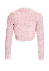 Pull court rose clair à manches longues avec un tissu duveteux et texturé et un col rond, vu de dos sur fond blanc.