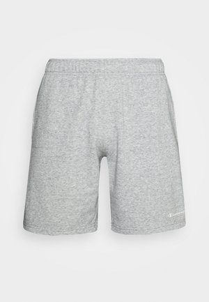 Hellgraue Baumwoll-Sportshorts mit elastischem Bund und kleinem weißen Champion-Logo nahe dem linken Saum.