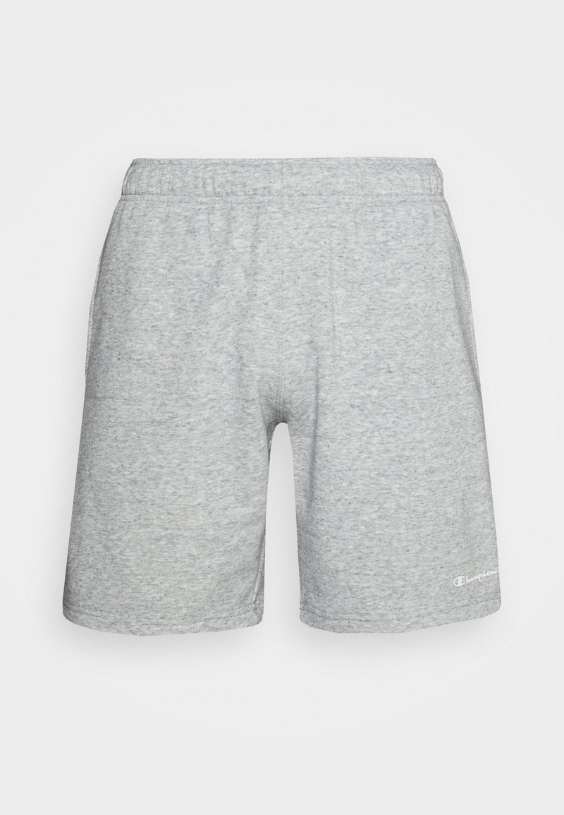 Short de sport en coton gris clair avec une taille élastique et un petit logo Champion blanc près de l'ourlet gauche.