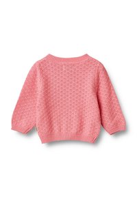 Rosa gestrickter Pullover mit strukturiertem Muster, weiten Ärmeln und geripptem Kragen und Saum. Weicher Stoff. Rückansicht gezeigt.
