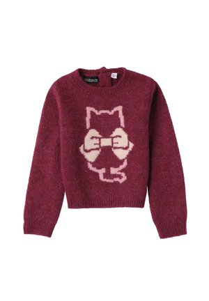 Jersey de punto marrón oscuro de manga larga con un diseño en el frente de un gato rosa y crema que sostiene un lazo.