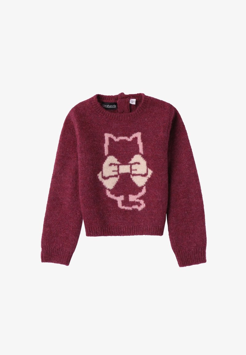 Pull en maille bordeaux à manches longues avec un motif de chat rose et crème tenant un nœud sur le devant.