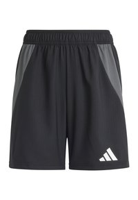 Schwarze Sportshorts aus leichtem Material mit Struktur. Mit grauen Seitenpanelen und dem weißen Adidas-Logo auf der unteren rechten Seite.