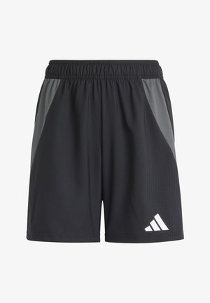 Schwarze Sportshorts aus leichtem Material mit Struktur. Mit grauen Seitenpanelen und dem weißen Adidas-Logo auf der unteren rechten Seite.