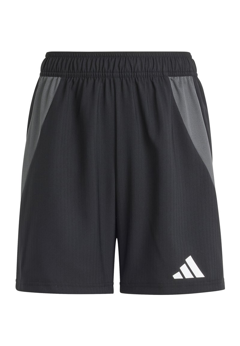 Schwarze Sportshorts aus leichtem Material mit Struktur. Mit grauen Seitenpanelen und dem weißen Adidas-Logo auf der unteren rechten Seite.