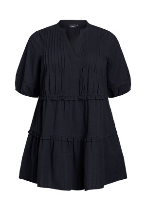Black tiered dress with short puff sleeves, a V-neckline, and subtle pleats. Made of textured fabric with ruffled hem accents.