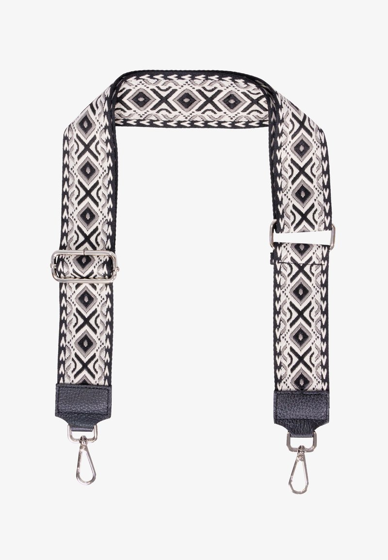 Sangle en tissu tissé avec un motif géométrique noir et blanc, ornée de quincaillerie en argent et d'accents en cuir aux extrémités.